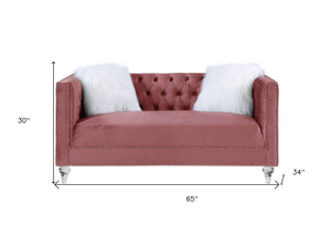 Homeroots 65" Pink And Silver Velvet Loveseat And Toss Pillows   515689