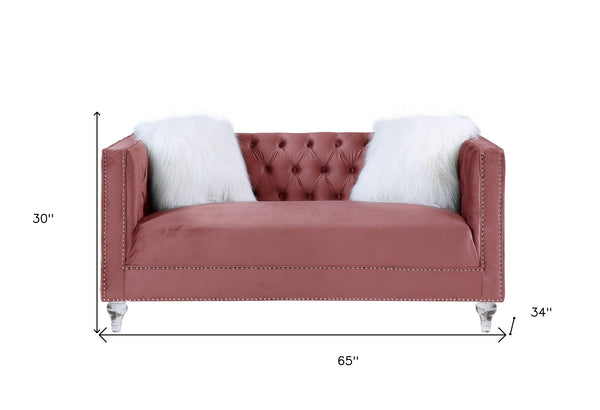 Homeroots 65" Pink And Silver Velvet Loveseat And Toss Pillows   515689