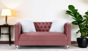 Homeroots 65" Pink And Silver Velvet Loveseat And Toss Pillows   515689