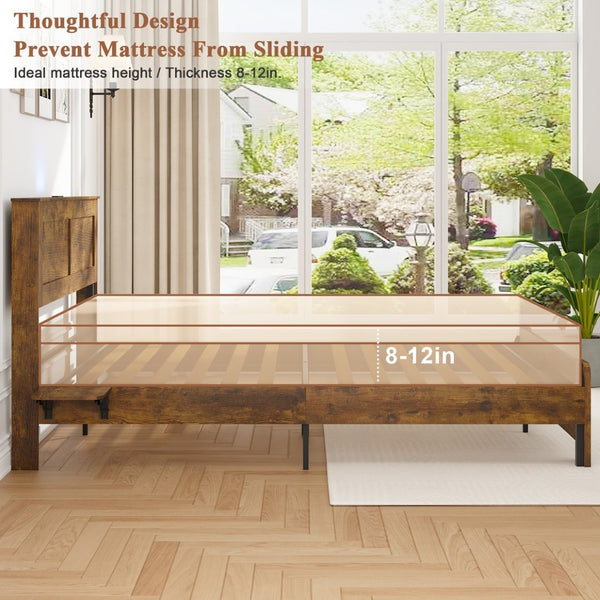 English Elm Farmhouse King Platform Bed Rustic Wood with Led Lighting and Built-in Charging Shelf W1550P366929