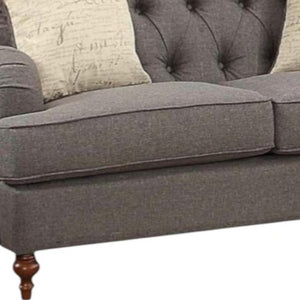 HomeRoots 61" Elegant Curved Loveseat in Dark Gray & Brown Linen with Toss Pillows – Stylish Comfort for Two 515694