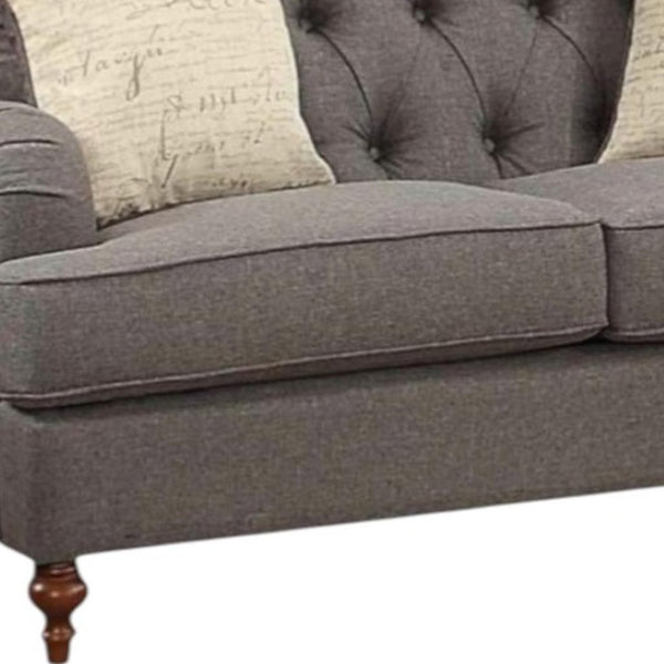 HomeRoots 61" Elegant Curved Loveseat in Dark Gray & Brown Linen with Toss Pillows – Stylish Comfort for Two 515694