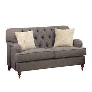 HomeRoots 61" Elegant Curved Loveseat in Dark Gray & Brown Linen with Toss Pillows – Stylish Comfort for Two 515694