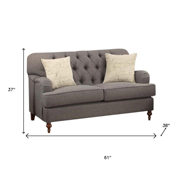 HomeRoots 61" Elegant Curved Loveseat in Dark Gray & Brown Linen with Toss Pillows – Stylish Comfort for Two 515694