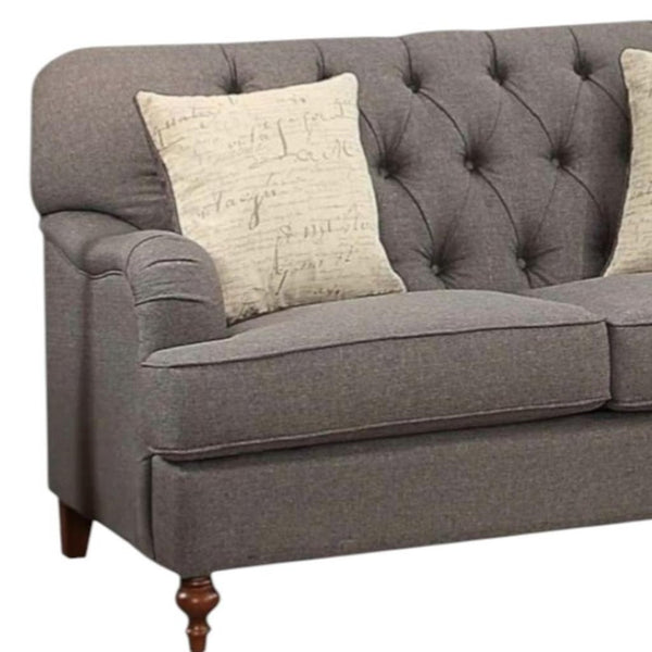 HomeRoots 61" Elegant Curved Loveseat in Dark Gray & Brown Linen with Toss Pillows – Stylish Comfort for Two 515694