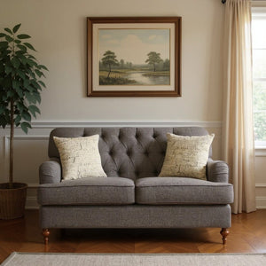 HomeRoots 61" Elegant Curved Loveseat in Dark Gray & Brown Linen with Toss Pillows – Stylish Comfort for Two 515694