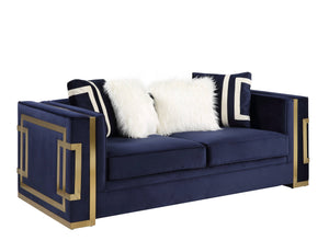 Homeroots 80" Blue And Gold Velvet Loveseat And Toss Pillows   515700