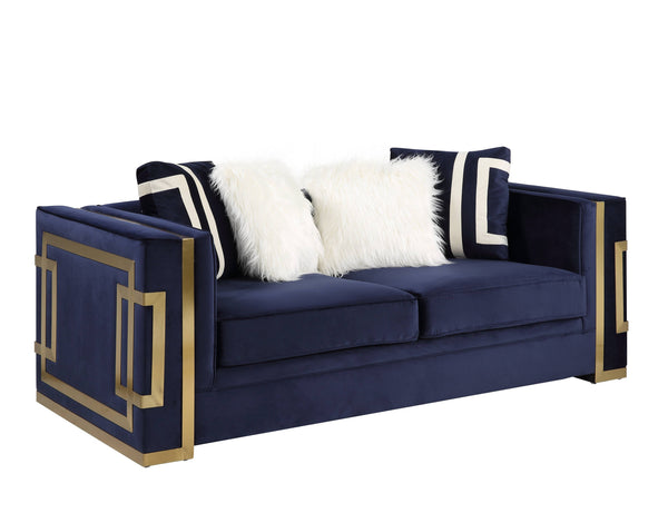 Homeroots 80" Blue And Gold Velvet Loveseat And Toss Pillows   515700