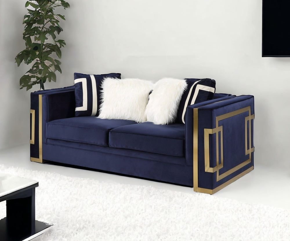 Homeroots 80" Blue And Gold Velvet Loveseat And Toss Pillows   515700