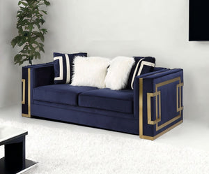 Homeroots 80" Blue And Gold Velvet Loveseat And Toss Pillows   515700