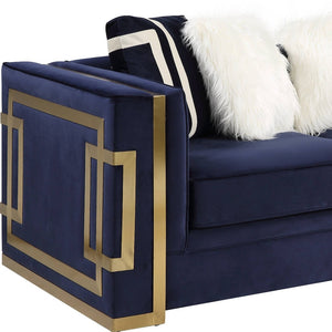 Homeroots 80" Blue And Gold Velvet Loveseat And Toss Pillows   515700
