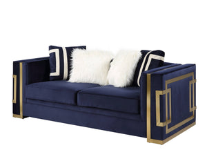 Homeroots 80" Blue And Gold Velvet Loveseat And Toss Pillows   515700