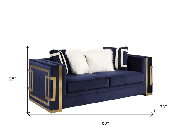 Homeroots 80" Blue And Gold Velvet Loveseat And Toss Pillows   515700