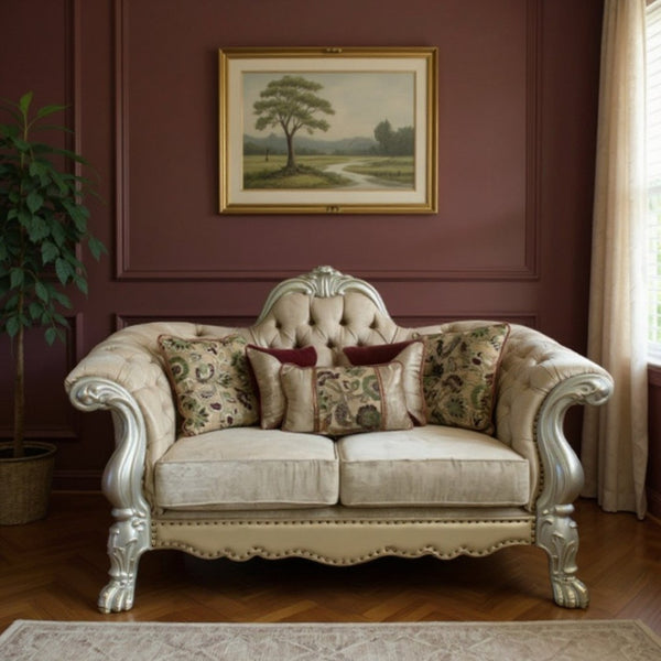 HomeRoots 73" Bone Velvet Loveseat with Toss Pillows - Elegant, Comfortable Seating for Stylish Living Spaces 515701