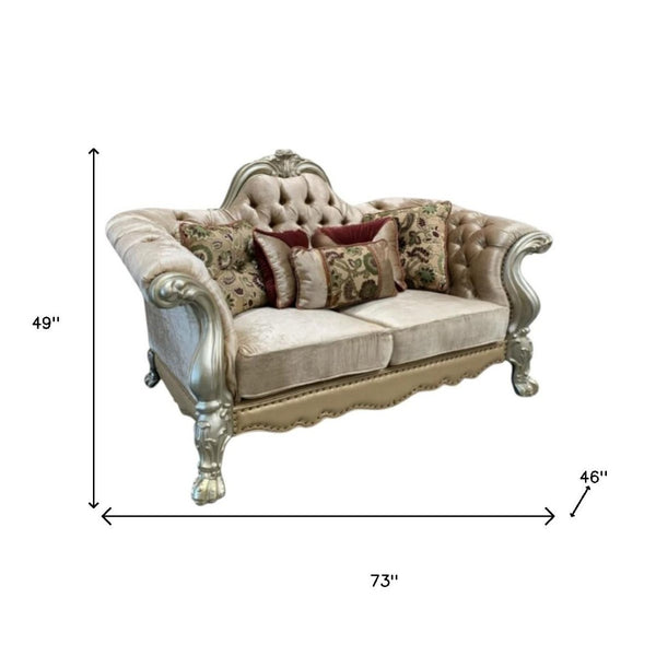 HomeRoots 73" Bone Velvet Loveseat with Toss Pillows - Elegant, Comfortable Seating for Stylish Living Spaces 515701