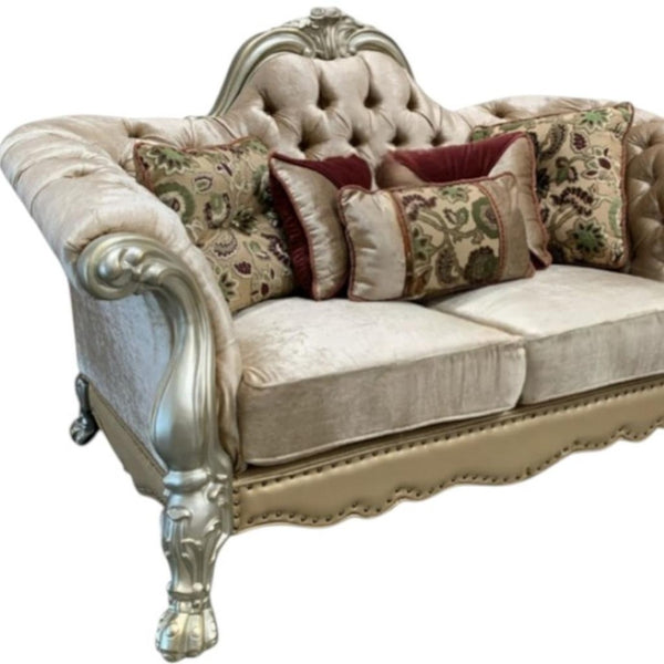 HomeRoots 73" Bone Velvet Loveseat with Toss Pillows - Elegant, Comfortable Seating for Stylish Living Spaces 515701