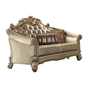 HomeRoots 67" Bone and Gold Faux Leather Loveseat with Toss Pillows - Luxe Comfort for Stylish Living Spaces 515704