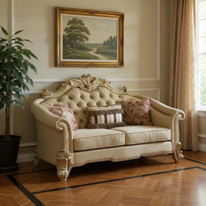 HomeRoots 67" Bone and Gold Faux Leather Loveseat with Toss Pillows - Luxe Comfort for Stylish Living Spaces 515704