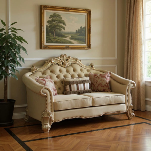 HomeRoots 67" Bone and Gold Faux Leather Loveseat with Toss Pillows - Luxe Comfort for Stylish Living Spaces 515704