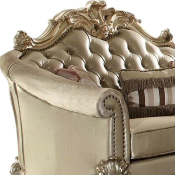 HomeRoots 67" Bone and Gold Faux Leather Loveseat with Toss Pillows - Luxe Comfort for Stylish Living Spaces 515704