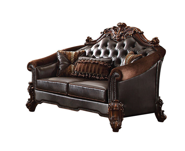 HomeRoots 66" Elegant Brown Chenille & Faux Leather Loveseat with Toss Pillows for Luxurious Comfort & Style 515705