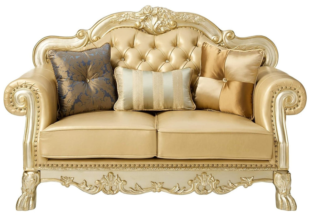 HomeRoots 64" Bone Faux Leather Loveseat with Gold Trim, Toss Pillows & Elegant Button Tufting for Comfort 515706