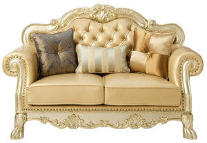 HomeRoots 64" Bone Faux Leather Loveseat with Gold Trim, Toss Pillows & Elegant Button Tufting for Comfort 515706