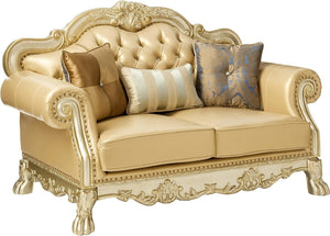 HomeRoots 64" Bone Faux Leather Loveseat with Gold Trim, Toss Pillows & Elegant Button Tufting for Comfort 515706