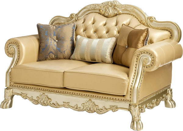 HomeRoots 64" Bone Faux Leather Loveseat with Gold Trim, Toss Pillows & Elegant Button Tufting for Comfort 515706