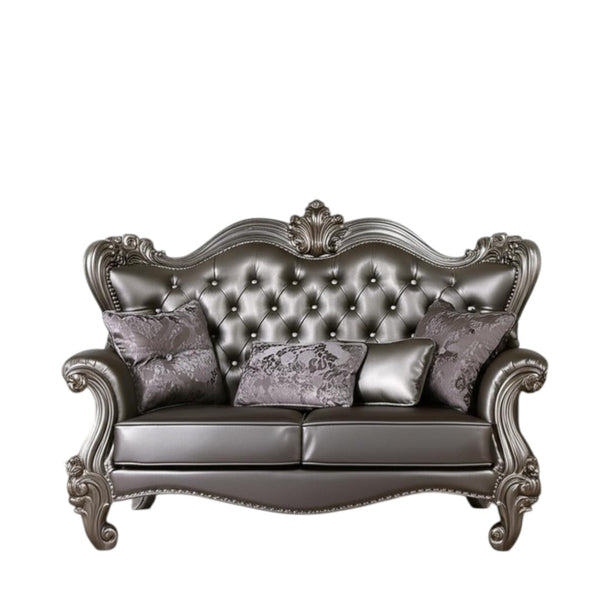 HomeRoots 70" Silver and Platinum Faux Leather Loveseat with Toss Pillows – Stylish, Durable Comfort for Modern Homes 515708