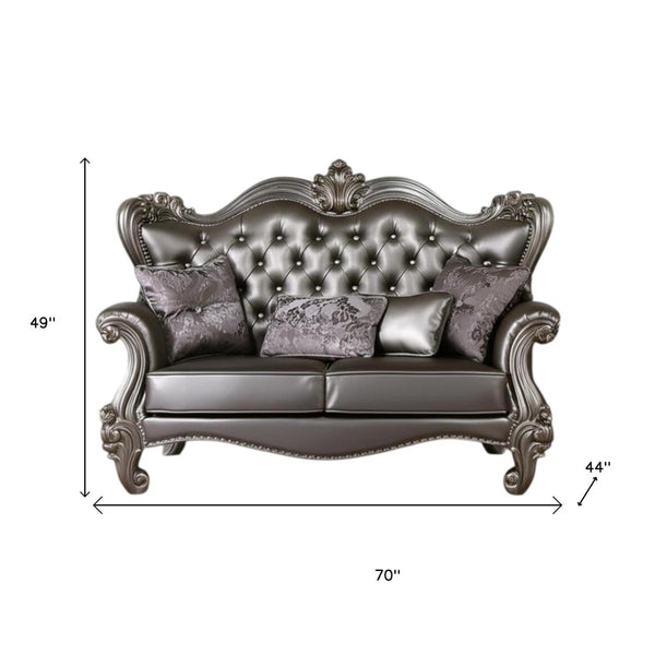HomeRoots 70" Silver and Platinum Faux Leather Loveseat with Toss Pillows – Stylish, Durable Comfort for Modern Homes 515708