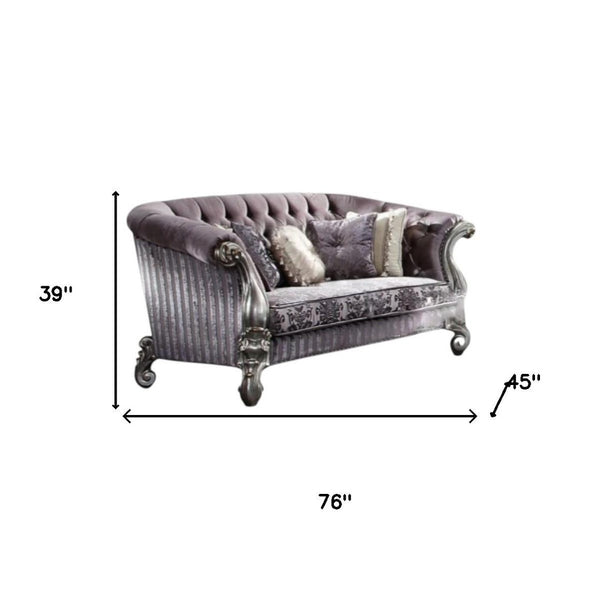HomeRoots 76" Elegant Purple & Platinum Velvet Loveseat with Toss Pillows for Chic Living Room Decor 515709