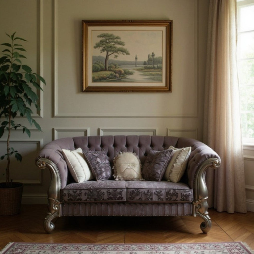 HomeRoots 76" Elegant Purple & Platinum Velvet Loveseat with Toss Pillows for Chic Living Room Decor 515709