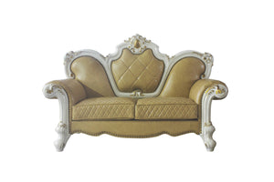 HomeRoots 70" Golden Yellow & Pearl Faux Leather Loveseat with Toss Pillows – Elegant Comfort for Any Space 515711