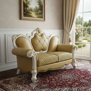 HomeRoots 70" Golden Yellow & Pearl Faux Leather Loveseat with Toss Pillows – Elegant Comfort for Any Space 515711
