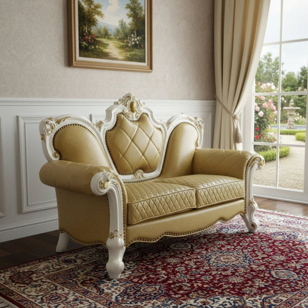 HomeRoots 70" Golden Yellow & Pearl Faux Leather Loveseat with Toss Pillows – Elegant Comfort for Any Space 515711