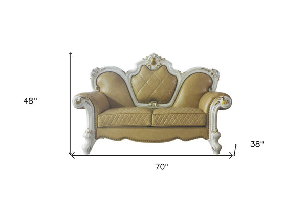 HomeRoots 70" Golden Yellow & Pearl Faux Leather Loveseat with Toss Pillows – Elegant Comfort for Any Space 515711