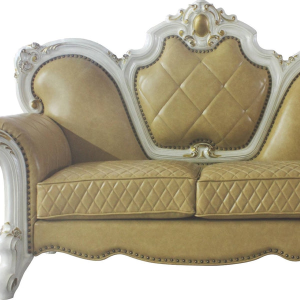 HomeRoots 70" Golden Yellow & Pearl Faux Leather Loveseat with Toss Pillows – Elegant Comfort for Any Space 515711