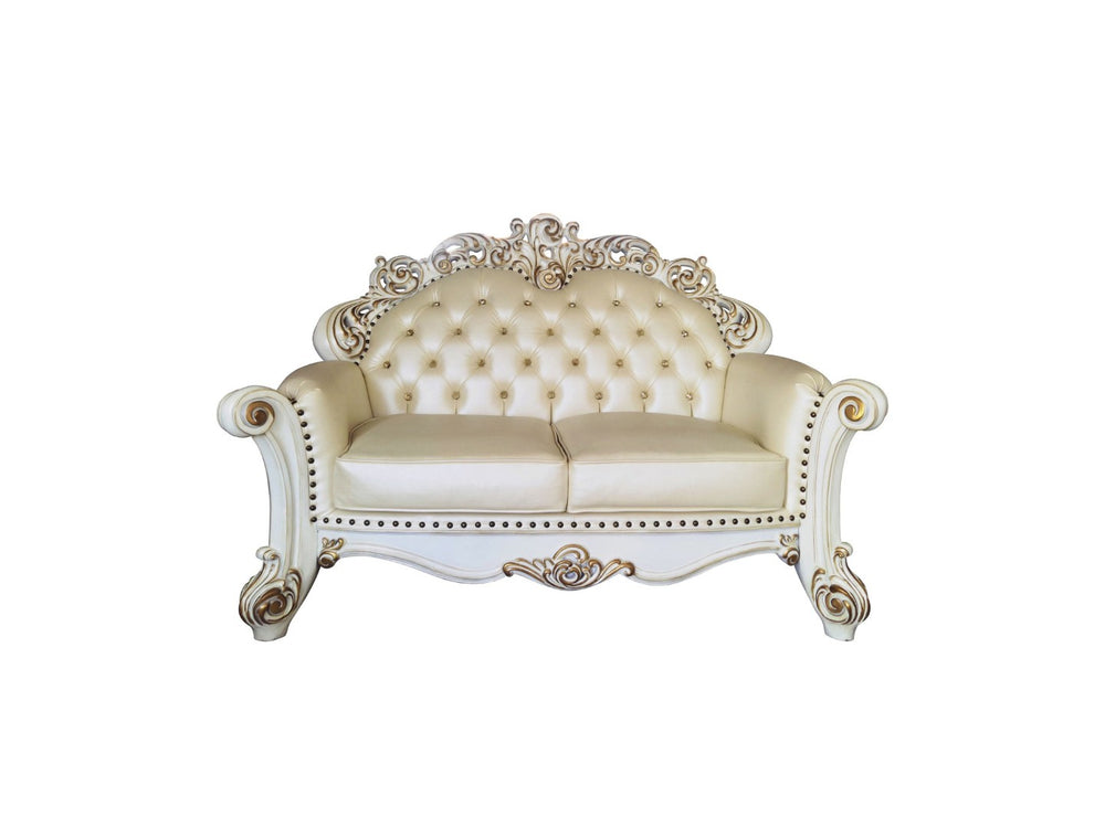 HomeRoots 70" Champagne and Pearl Faux Leather Loveseat with Toss Pillows - Elegant Comfort for Any Space 515713