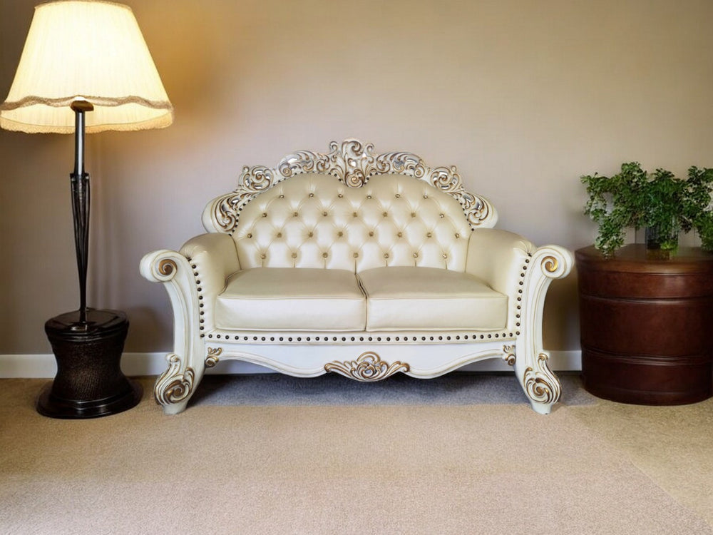 HomeRoots 70" Champagne and Pearl Faux Leather Loveseat with Toss Pillows - Elegant Comfort for Any Space 515713