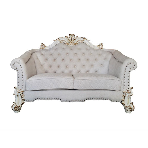 HomeRoots 66" Elegant Two-Tone Ivory & Pearl Velvet Loveseat with Toss Pillows for Luxurious Living Spaces 515714
