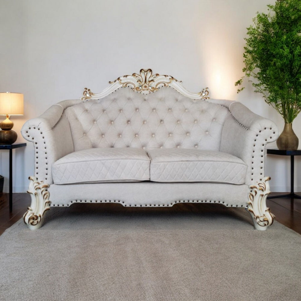 HomeRoots 66" Elegant Two-Tone Ivory & Pearl Velvet Loveseat with Toss Pillows for Luxurious Living Spaces 515714