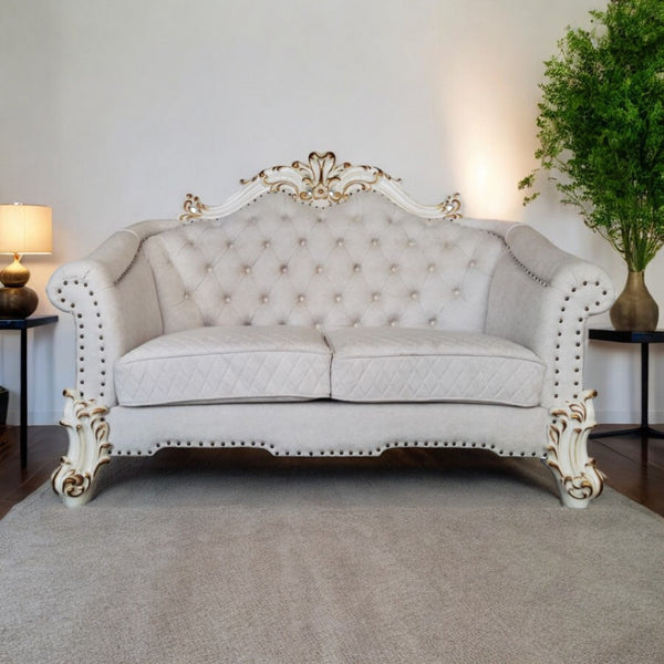HomeRoots 66" Elegant Two-Tone Ivory & Pearl Velvet Loveseat with Toss Pillows for Luxurious Living Spaces 515714