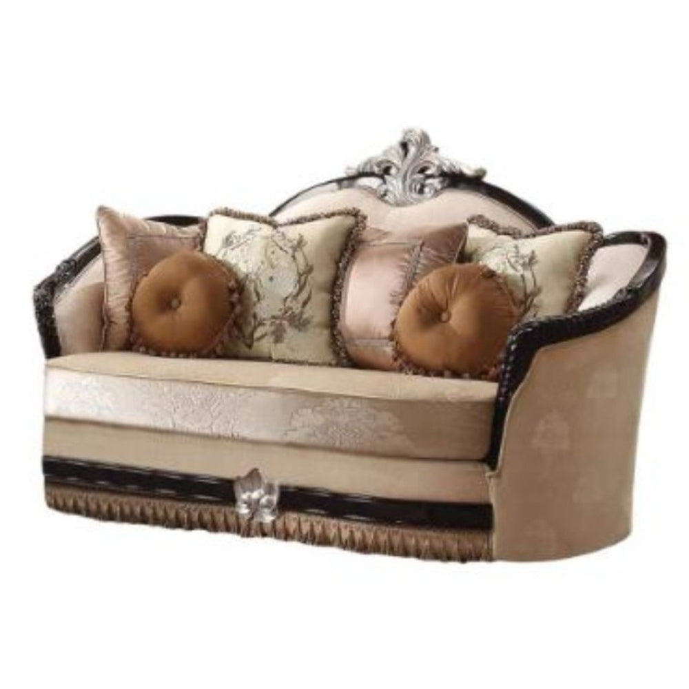 HomeRoots 75" Tan Velvet Curved Loveseat with Pillows - Stylish Comfort for Modern Living Rooms & Dens 515716