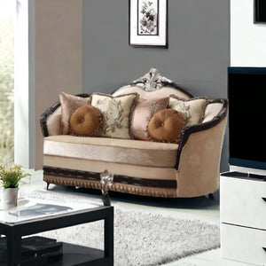 HomeRoots 75" Tan Velvet Curved Loveseat with Pillows - Stylish Comfort for Modern Living Rooms & Dens 515716