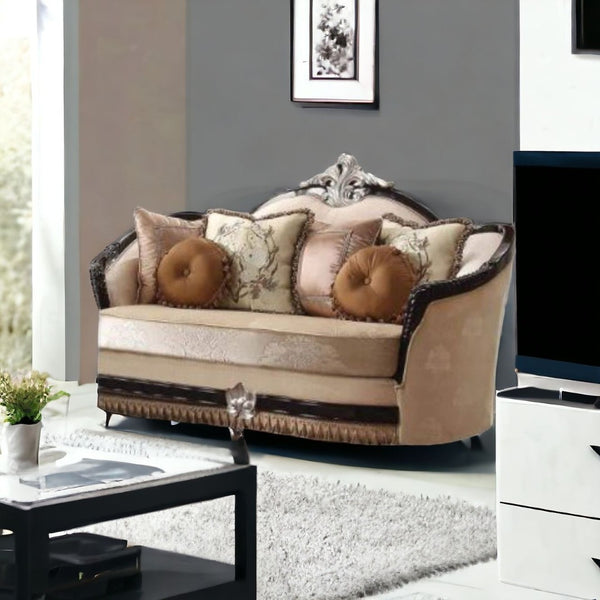 HomeRoots 75" Tan Velvet Curved Loveseat with Pillows - Stylish Comfort for Modern Living Rooms & Dens 515716