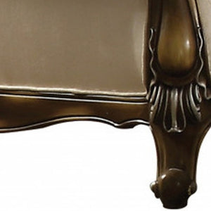 Homeroots 74" Elegant Tan And Brown Velvet Damask Curved Loveseat With Reversible Toss Pillows For Comfort   515717