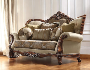 Homeroots 74" Elegant Tan And Brown Velvet Damask Curved Loveseat With Reversible Toss Pillows For Comfort   515717