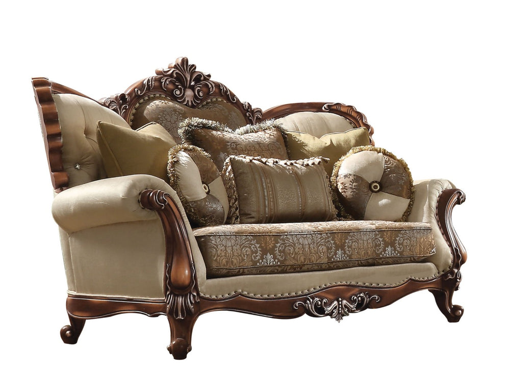 HomeRoots 74" Luxurious Tan and Brown Velvet Damask Curved Loveseat with 5 Toss Pillows for Timeless Elegance 515717