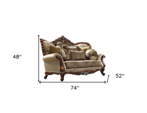 Homeroots 74" Elegant Tan And Brown Velvet Damask Curved Loveseat With Reversible Toss Pillows For Comfort   515717